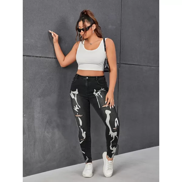WDIRARA Women's Graphic Print Ripped Jeans High Waisted Button Denim Pants