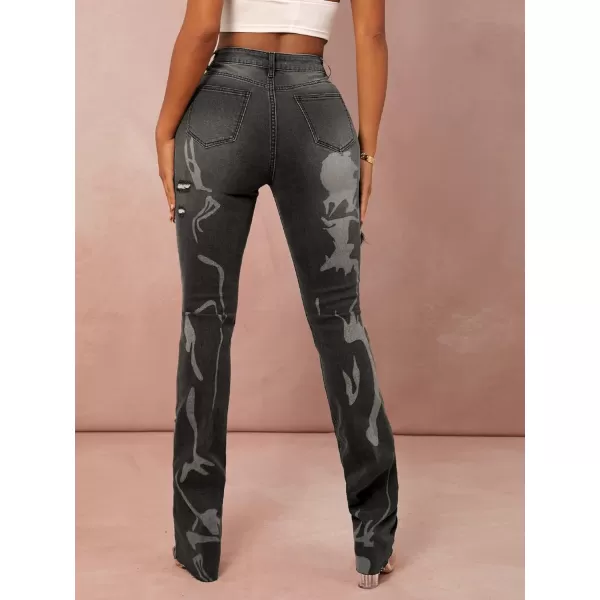 WDIRARA Women's Graphic Print Ripped Jeans High Waisted Button Denim Pants