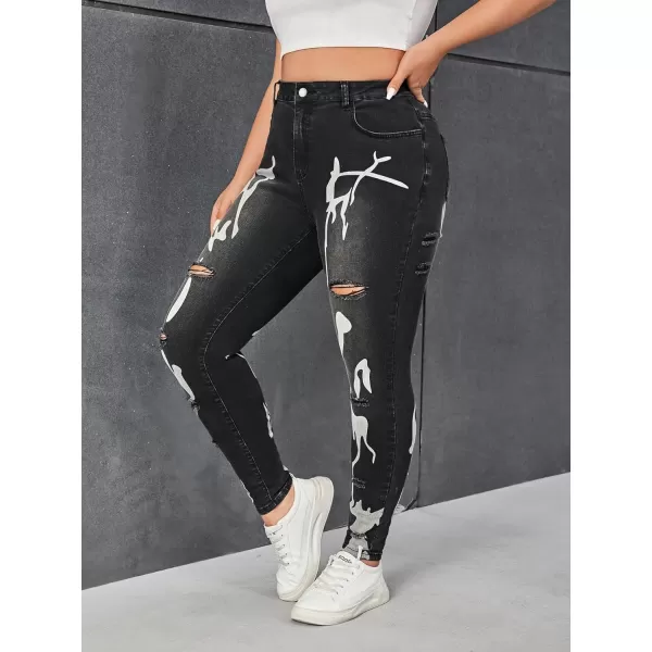 WDIRARA Women's Graphic Print Ripped Jeans High Waisted Button Denim Pants