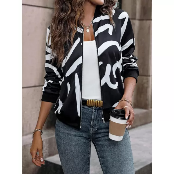 WDIRARA Women's Graphic Print Zip Front Long Sleeve Bomber Jacket Casual Outerwear