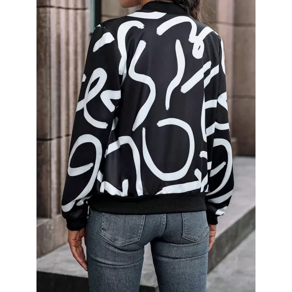 WDIRARA Women's Graphic Print Zip Front Long Sleeve Bomber Jacket Casual Outerwear
