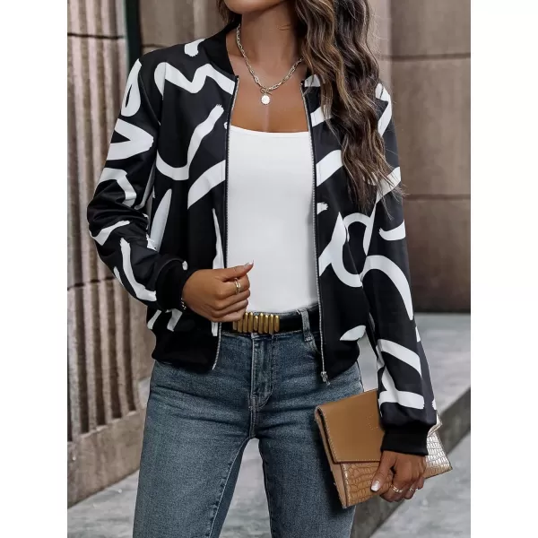 WDIRARA Women's Graphic Print Zip Front Long Sleeve Bomber Jacket Casual Outerwear