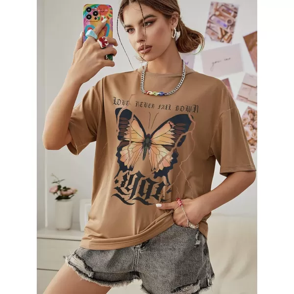WDIRARA Women's Graphic Short Sleeve Drop Shoulder Oversized Tee Round Neck T Shirts