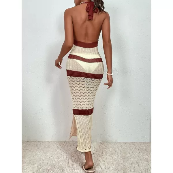 WDIRARA Women's Halter Backless Slit Knitted Swimsuit Coverup Maxi Beach Dress