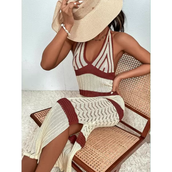 WDIRARA Women's Halter Backless Slit Knitted Swimsuit Coverup Maxi Beach Dress