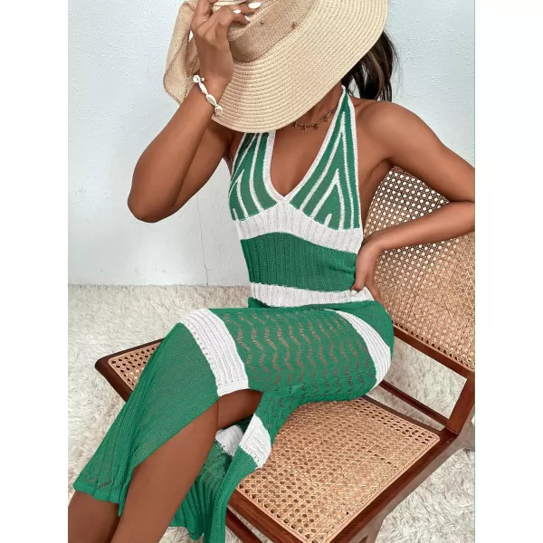 WDIRARA Women's Halter Backless Slit Knitted Swimsuit Coverup Maxi Beach Dress