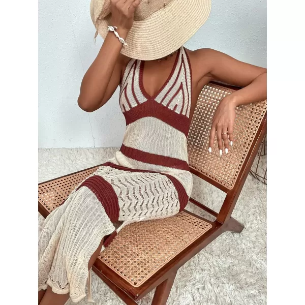 WDIRARA Women's Halter Backless Slit Knitted Swimsuit Coverup Maxi Beach Dress