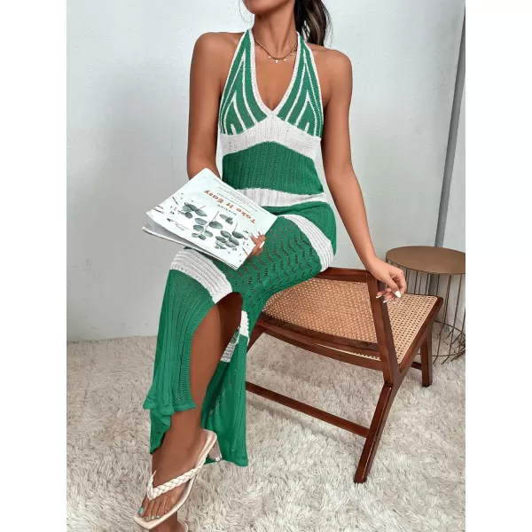 WDIRARA Women's Halter Backless Slit Knitted Swimsuit Coverup Maxi Beach Dress