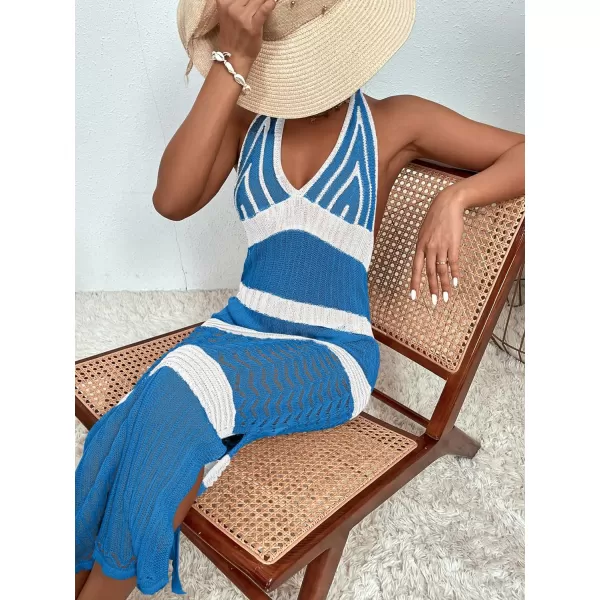 WDIRARA Women's Halter Backless Slit Knitted Swimsuit Coverup Maxi Beach Dress