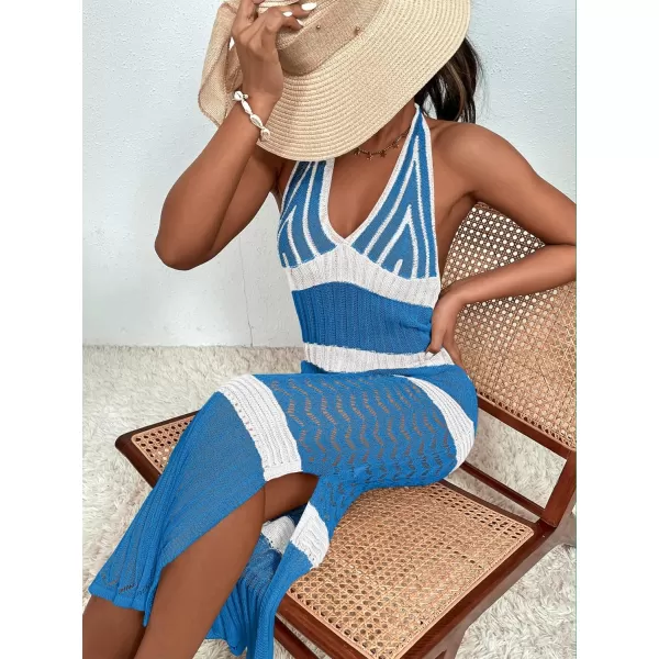 WDIRARA Women's Halter Backless Slit Knitted Swimsuit Coverup Maxi Beach Dress