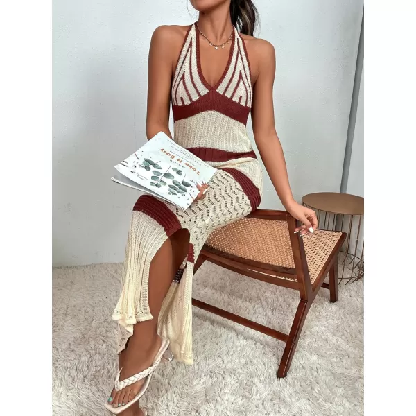 WDIRARA Women's Halter Backless Slit Knitted Swimsuit Coverup Maxi Beach Dress