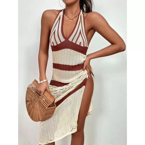 WDIRARA Women's Halter Backless Slit Knitted Swimsuit Coverup Maxi Beach Dress