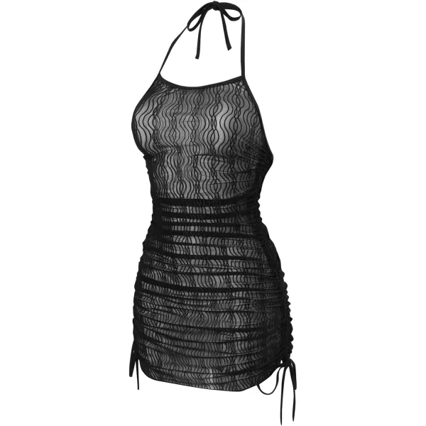 WDIRARA Women's Halter Sheer Mesh Ruched Drawstring Tie Front Swimsuit Coverup Dress