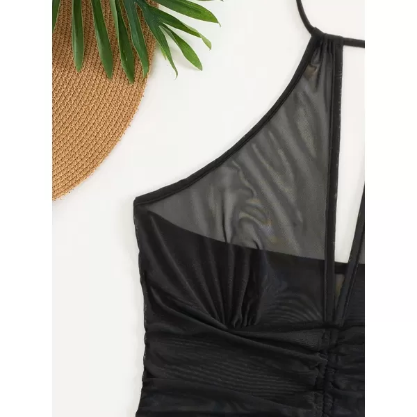 WDIRARA Women's Halter Sheer Mesh Ruched Drawstring Tie Front Swimsuit Coverup Dress