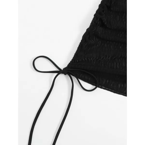 WDIRARA Women's Halter Sheer Mesh Ruched Drawstring Tie Front Swimsuit Coverup Dress