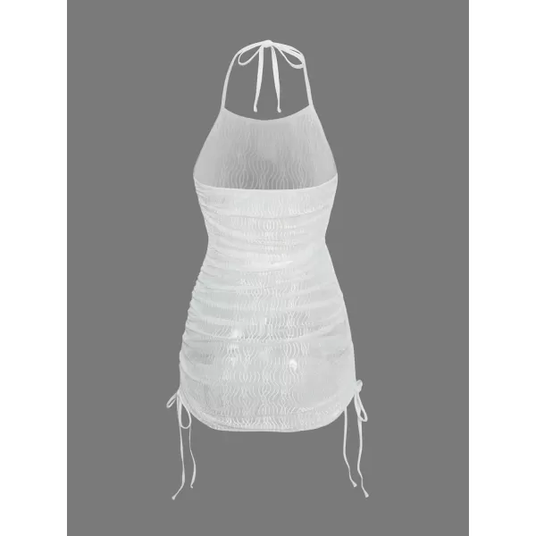 WDIRARA Women's Halter Sheer Mesh Ruched Drawstring Tie Front Swimsuit Coverup Dress