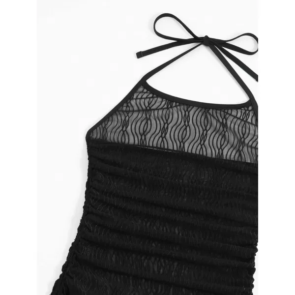 WDIRARA Women's Halter Sheer Mesh Ruched Drawstring Tie Front Swimsuit Coverup Dress