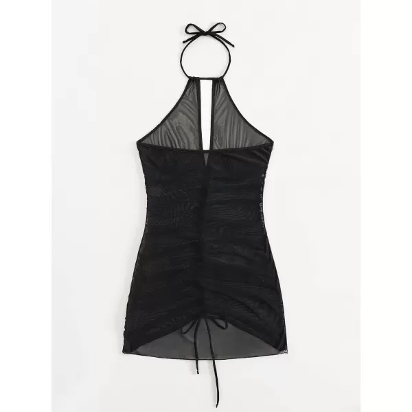 WDIRARA Women's Halter Sheer Mesh Ruched Drawstring Tie Front Swimsuit Coverup Dress