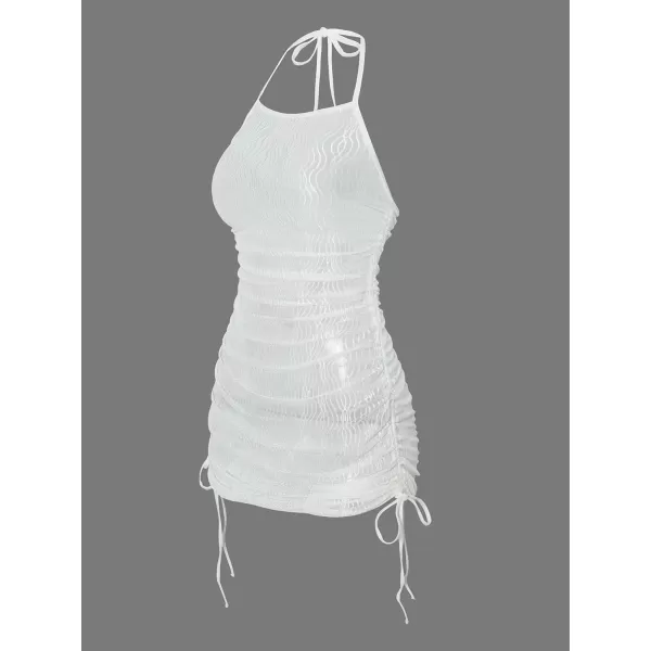 WDIRARA Women's Halter Sheer Mesh Ruched Drawstring Tie Front Swimsuit Coverup Dress