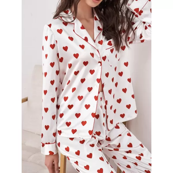 WDIRARA Women's Heart Print Lapel Collar Button Long Sleeve Satin Pajama Set