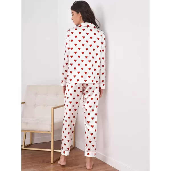WDIRARA Women's Heart Print Lapel Collar Button Long Sleeve Satin Pajama Set