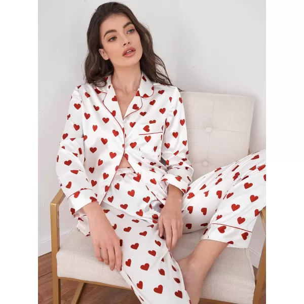 WDIRARA Women's Heart Print Lapel Collar Button Long Sleeve Satin Pajama Set