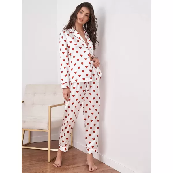WDIRARA Women's Heart Print Lapel Collar Button Long Sleeve Satin Pajama Set