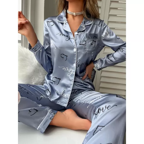 WDIRARA Women's Heart Print Lapel Collar Button Long Sleeve Satin Pajama Set