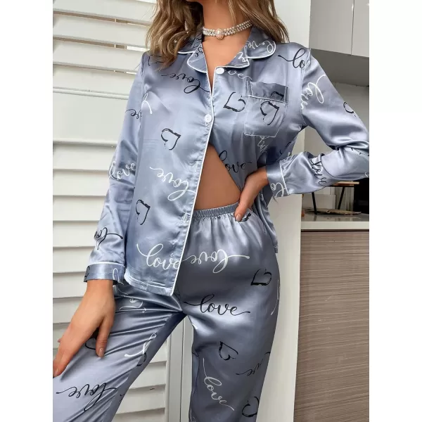 WDIRARA Women's Heart Print Lapel Collar Button Long Sleeve Satin Pajama Set