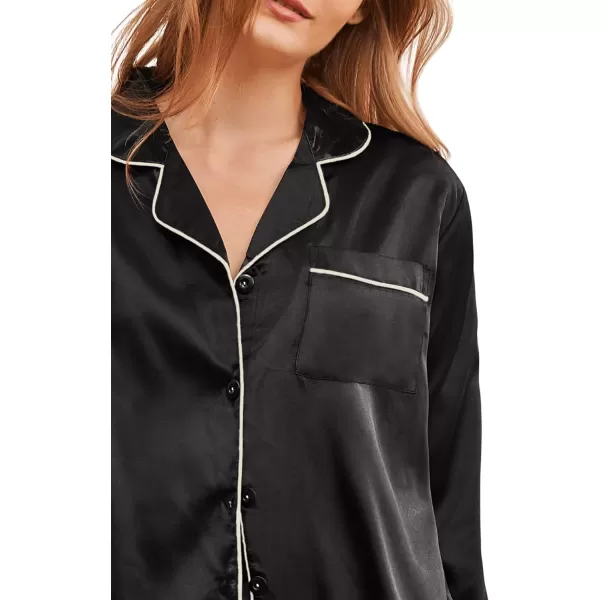 WDIRARA Women's Heart Print Lapel Collar Button Long Sleeve Satin Pajama Set