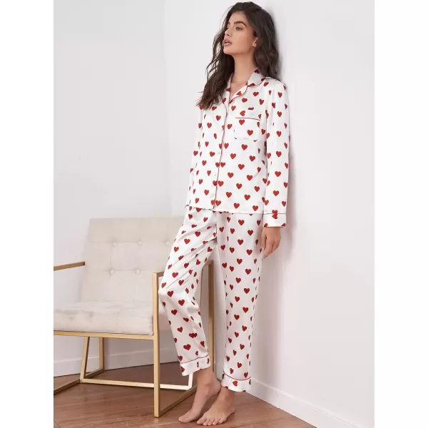 WDIRARA Women's Heart Print Lapel Collar Button Long Sleeve Satin Pajama Set