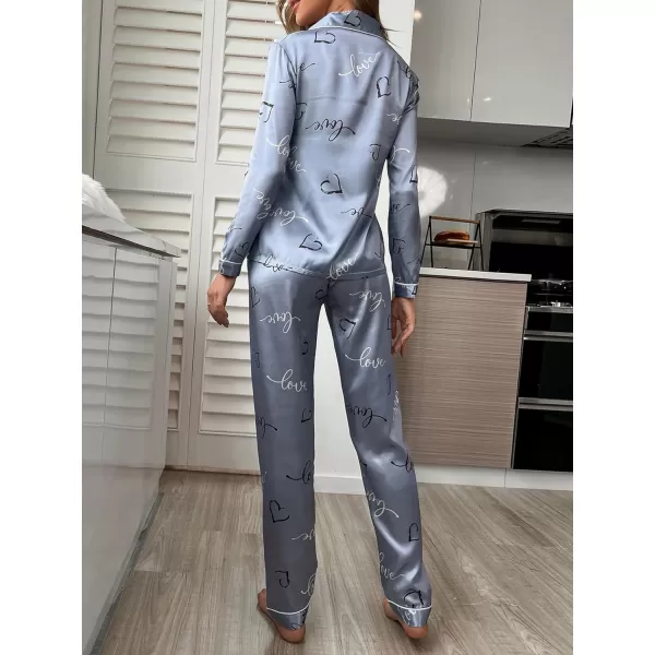 WDIRARA Women's Heart Print Lapel Collar Button Long Sleeve Satin Pajama Set