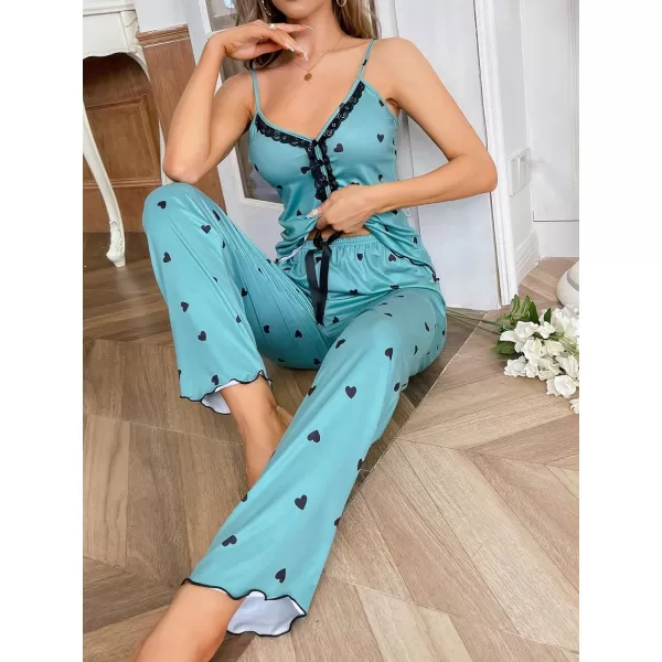 WDIRARA Women's Heart Print Sleepwear Lace Trim Bow Cami and Pants Pajama Set