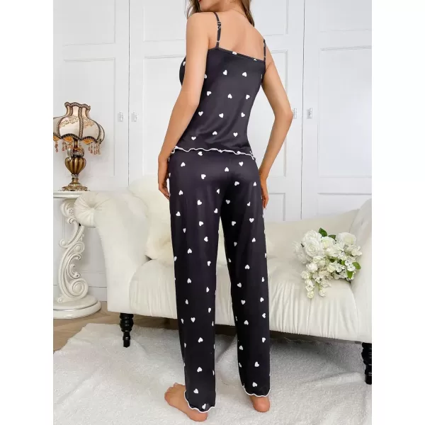 WDIRARA Women's Heart Print Sleepwear Lace Trim Bow Cami and Pants Pajama Set