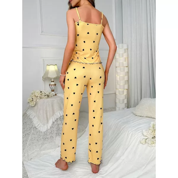 WDIRARA Women's Heart Print Sleepwear Lace Trim Bow Cami and Pants Pajama Set