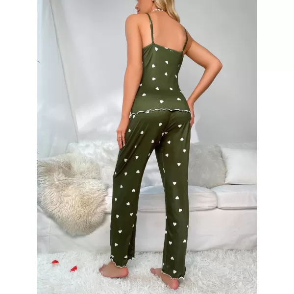 WDIRARA Women's Heart Print Sleepwear Lace Trim Bow Cami and Pants Pajama Set