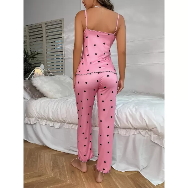 WDIRARA Women's Heart Print Sleepwear Lace Trim Bow Cami and Pants Pajama Set