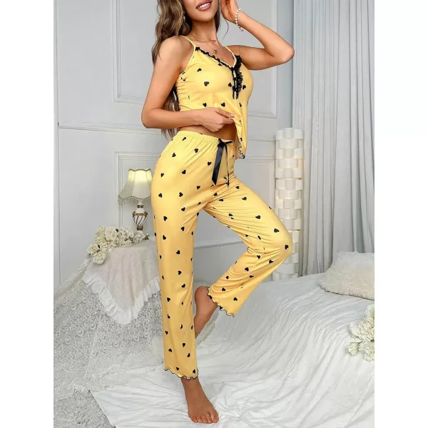 WDIRARA Women's Heart Print Sleepwear Lace Trim Bow Cami and Pants Pajama Set