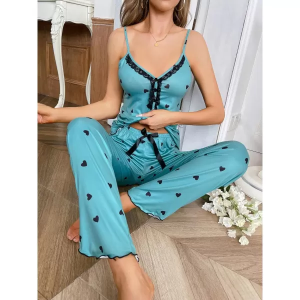 WDIRARA Women's Heart Print Sleepwear Lace Trim Bow Cami and Pants Pajama Set