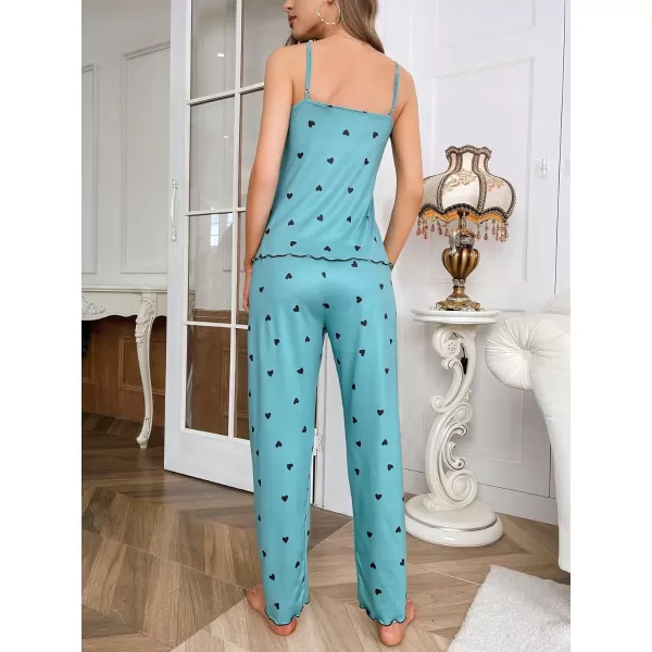 WDIRARA Women's Heart Print Sleepwear Lace Trim Bow Cami and Pants Pajama Set