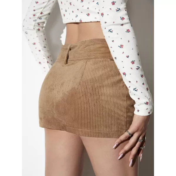 WDIRARA Women's High Rise Pockets Zipper Buckled Belted Corduroy Bodycon Mini Skirt