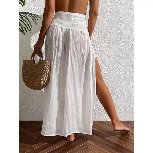 WDIRARA Women's High Slit Sarong Smocked High Waisted Swimsuit Coverup Maxi Skirt