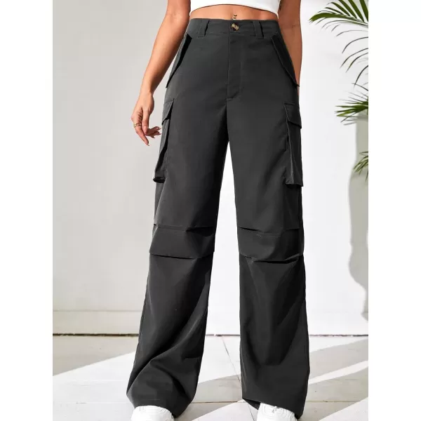 WDIRARA Women's High Waist Button Loose Wide Leg Streetwear Cargo Pants with Pockets