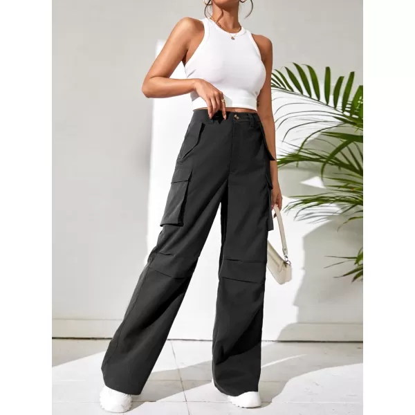 WDIRARA Women's High Waist Button Loose Wide Leg Streetwear Cargo Pants with Pockets