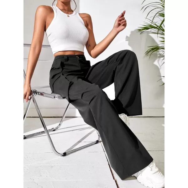WDIRARA Women's High Waist Button Loose Wide Leg Streetwear Cargo Pants with Pockets