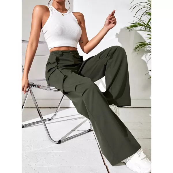 WDIRARA Women's High Waist Button Loose Wide Leg Streetwear Cargo Pants with Pockets