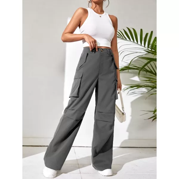 WDIRARA Women's High Waist Button Loose Wide Leg Streetwear Cargo Pants with Pockets