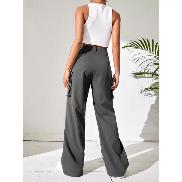 WDIRARA Women's High Waist Button Loose Wide Leg Streetwear Cargo Pants with Pockets