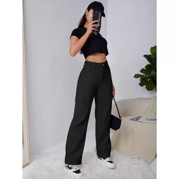 WDIRARA Women's High Waist Button Straight Leg Cargo Jeans Long Denim Pants with Pockets