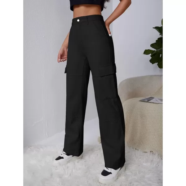 WDIRARA Women's High Waist Button Straight Leg Cargo Jeans Long Denim Pants with Pockets